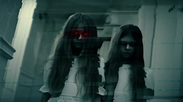 Horror scene, two dead twin girls staring into soul, creepy nightmarish children. Paranormal events, ghost activity, horror scene, tv distortion effect