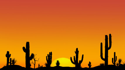 Silhouettes of different cacti at sunset with a cloudless sky and the setting sun in the desert. Desert sunset with clear sky. - 438671521
