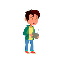 little boy playing with radio controlled car toy on backyard cartoon vector. little boy playing with radio controlled car toy on backyard character. isolated flat cartoon illustration