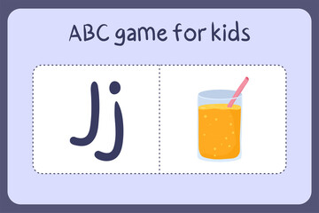Kid alphabet mini games in cartoon style with letter J - juice. Vector illustration for game design - cut and play. Learn abc with fruit and vegetable flash cards.