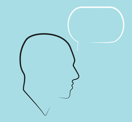 Portraits. Silhouette of guy with dialogue speech bubble. Linear avatar. Dialogue. Stylish man. Flat illustration of face. Head icon.