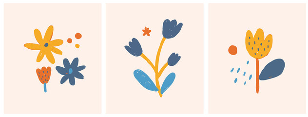 Cute Infantile Style Nursery Vector Illustration with Hand Drawn  Colorful Flowers on a Light Beige Background. Lovely Abstract Garden Print ideal for Card, Invitation, Greeting, Wall Art, Poster.