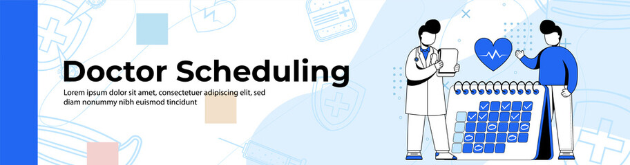 Doctor Scheduling Web Banner Design. a man scheduling an examination with a doctor.header or footer banner.