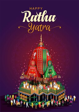 vector illustration for Indian festival With happy Chariot Journey, temple on chariot with wheel and shiny background with confetti, rath yatra