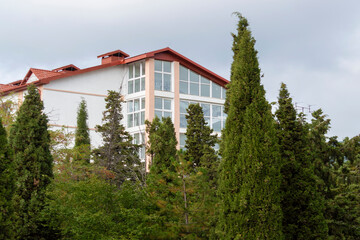 White building with panoramic windows behind trees.
