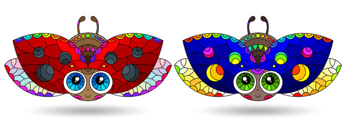 A set of illustrations in the style of a stained glass window with ladybirds, insects isolated on a white background
