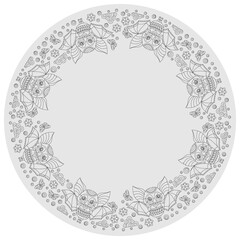 Design of an ornament for a round product with contour bats and flowers,outline animals on a light  background