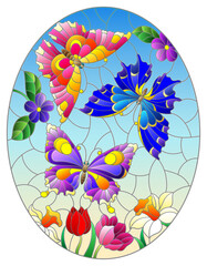 An illustration in the style of a stained glass window with beautiful bright butterflies on a background of flowers and a blue sky, oval image