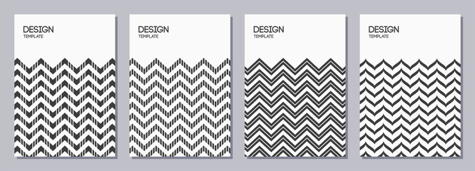 Set of flyers, posters, banners, placards, brochure design templates A6 size. Graphic design templates with zigzag stripes, striped zigzag lines, structure of herringbone. Vector geometric background.