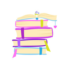 stack of colorful books or sketchbooks with bookmarks.  open book with forget-me-not on top. vector illustration.