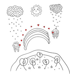 two loving people pass their hearts to each other , they are happy. cartoon art