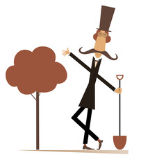 Funny gardener, spade and a tree isolated illustration. Cartoon long mustache man in the top hat with a spade plants a tree isolated on white