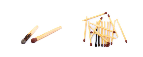 Laid used matchsticks isolated on white background