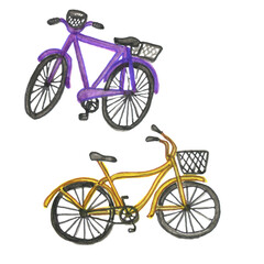 Fototapeta na wymiar Watercolour drawing of bicycles in different colors. Clipart transport. Illustration for the design. Bicycle summer transport,sport.