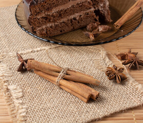 chocolate cake with blueberries on top on a background of cinnamon and anise sticks. holiday and fun concept.