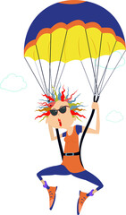 Cartoon skydiver woman illustration. 
Comic skydiver woman in sunglasses derives enjoyment from jumping isolated on white
