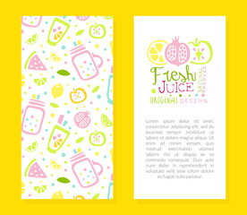Fresh Juice Card Template with Text, Flyer, Invitation, Packaging Design with Tropical Fruits Seamless Pattern Vector Illustration