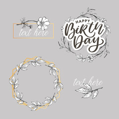 Beautiful happy birthday greeting card with flowers and bird. Vector party invitation with floral elements.