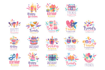 Fototapeta premium Happy Birthday Logo Templates Design Set, Friends Forever Labels Vector Illustration