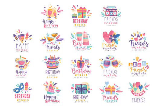 Happy Birthday Logo Templates Design Set, Friends Forever Labels Vector Illustration