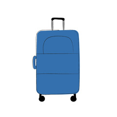 Hand drawn travel suitcase in blue color with wheels isolated on white background