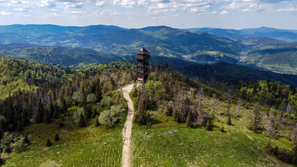 Luban (Lubań) highest mountain peak in polish Gorce - observation tower - view frome drone