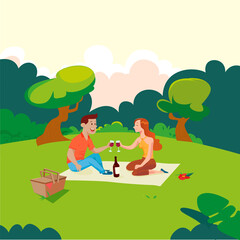 Obraz na płótnie Canvas Picnic couple enjoying a glass of wine in the park