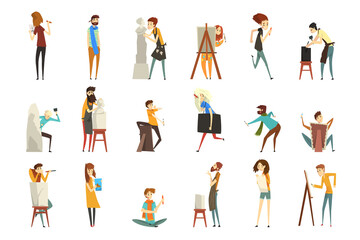People of Creative Professions Set, Sculptor, Painter, Craftsman, Artistic People Characters Cartoon Vector Illustration