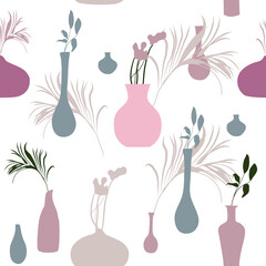 Abstract vases with palm leaves and dried flowers seamless pattern.Pastel colored hand drawn illustration. Decorative floral design elements for scrapbooking.Jugs and vessels in trendy style. Ikebana