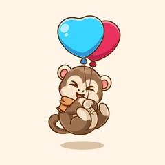 Cute monkey floating with balloon cartoon