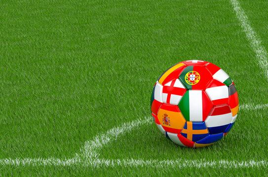 Soccer ball with flags in the corner of football field, 3D rendering