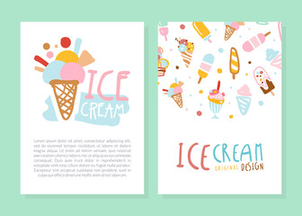 Ice Cream Card Template, Banner, Poster Design with Sweet Tasty Desserts Seamless Pattern and Space for Text Vector Illustration.