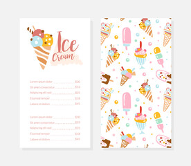 Ice Cream Menu Template, Sweet Tasty Desserts Flyer, Card, Brochure Design with Text Vector Illustration