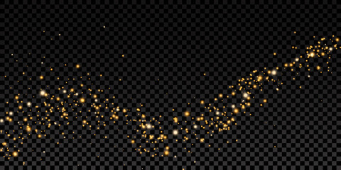 Vector golden sparkling falling star. Stardust trail. Cosmic glittering wave. PNG. Vector illustration