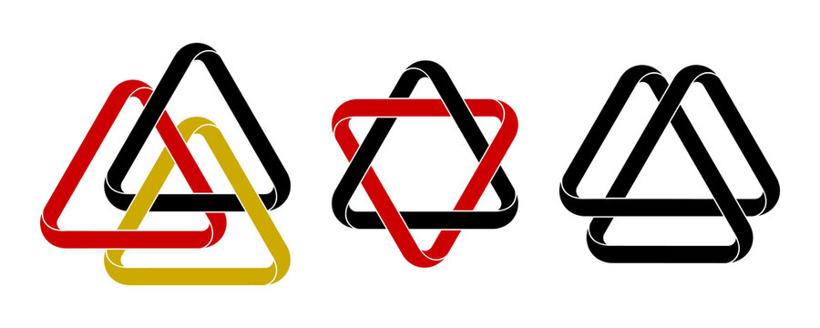Set of triangles intertwined as valknuts and star of David made of intertwined mobius stripes. Stylized ancient esoteric symbols for tattoo design. Vector isolated illustration.