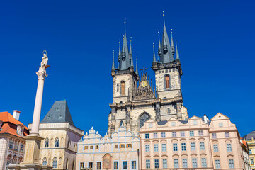 The gothic Church of Our Lady before Tyn  in Prague main square in the unesco historic center, Czech Republic