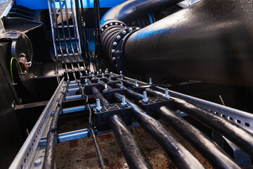 The water supply system inside the ship with a large diameter pipe and a line of high power...