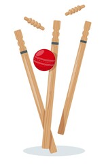Red leather Cricket Ball striking wooden Wickets.
