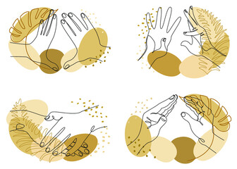 Silhouette Collection of human hands. Applause concepts in a modern one line style with plant leaves. Solid line sketches for decor, posters, stickers, logo. Vector illustration set.
