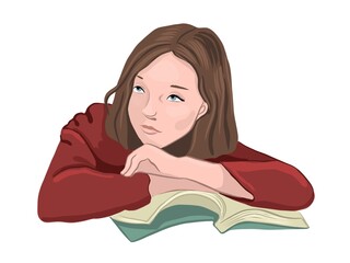 The girl is sitting with a book. Girl's diary. The student is studying with a book. The teenager learns the lessons. Female character illustration
