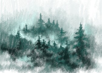Misty spruce forest hand-drawn. Mystical landscape. Interior design, photo wallpapers, covers, screensavers, book illustrations.