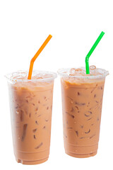 ice thai tea with milk in transparent plastic in white background with path