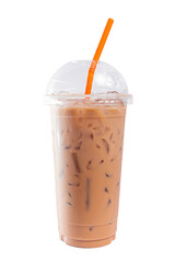 ice thai tea with milk in transparent plastic in white background with path