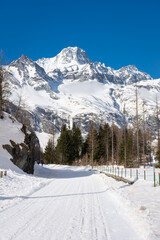 Fototapeta na wymiar Snowy landscape in Pian della Mussa mountain, Piedmont, Italy