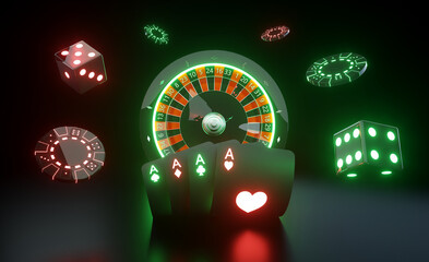 Casino Gambling Concept. Roulette Wheel, Four Aces, Chips And Dices With Futuristic Green And Red Neon Lights - 3D Illustration