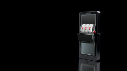 Online Casino Concept. Black Smartphone And Slot Machine With Silver Details - 3D Illustration