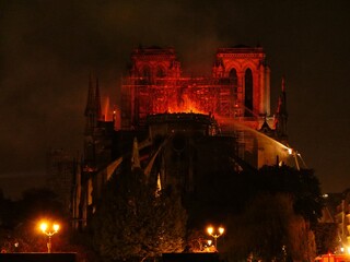 Notre Dame de Paris burning in the night. Paris, France, the Monday 15th April 2019.