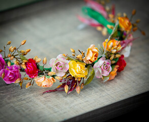 close up of floral tiara 