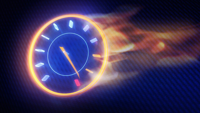 Flaming speedometer in an neon glow style and carbon background. 3d illustration top speed concept with copy space to add your text