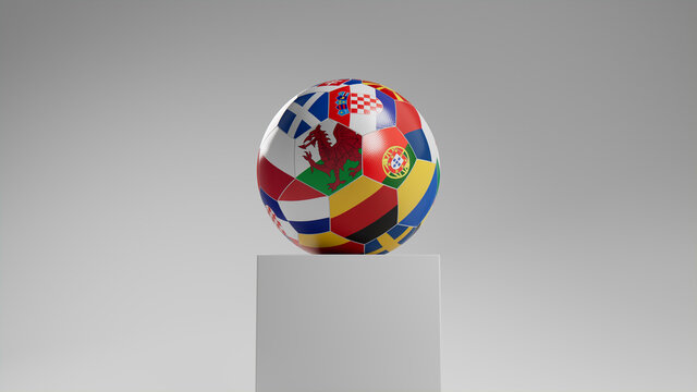National Flag themed Football on a plinth against a White Background. 